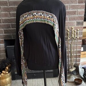 Camilla Black Open-Front Long-Sleeve Top with Multicolor Tribal Trim